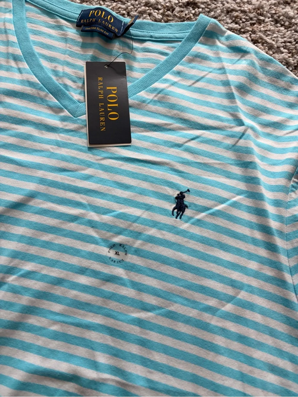 Polo by Ralph Lauren Blue and White Striped V-Neck Tee Shirt